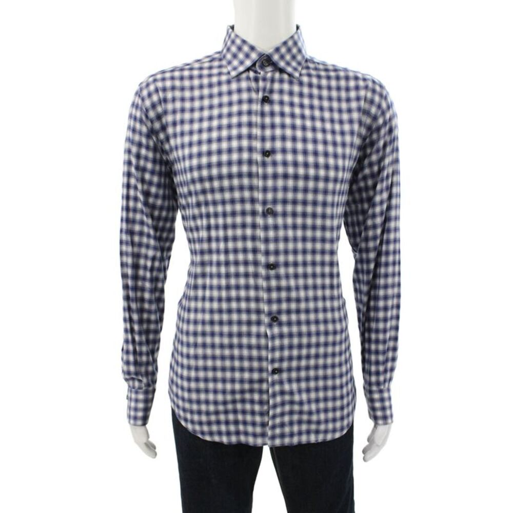 Neiman Marcus Men Button Down Long Sleeve Gingham Blue Cotton Size L